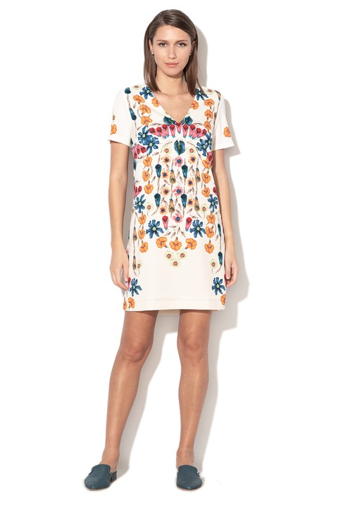 DESIGUAL, Rochie dreapta cu decolteu in V Cork, Alb/Portocaliu stins, S