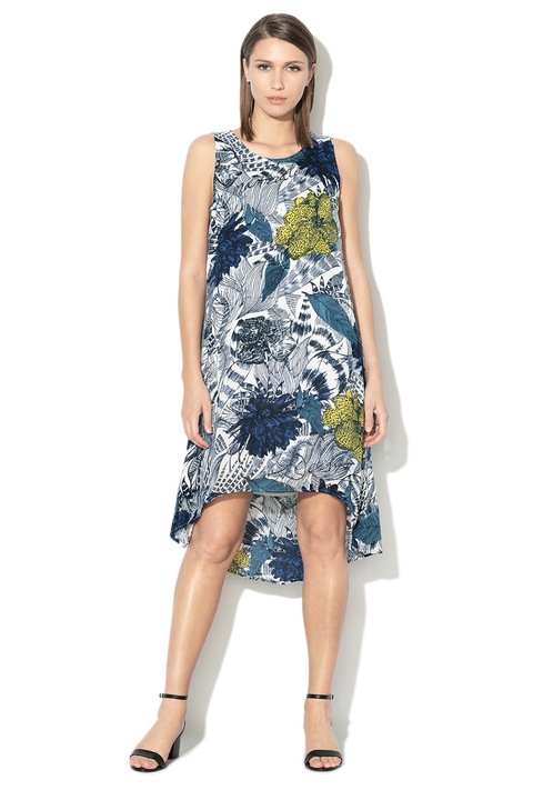 DESIGUAL, Rochie cu croiala in A si imprimeu floral Iowas, Alb/Bleumarin