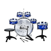 Set Complet Tobe si Scaunel, "ISP Micul Tobosar", 6 tobe, 1 disc, 2 bete pentru tobe, scaunel, Albastru/Alb