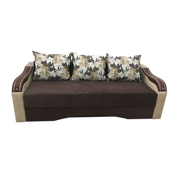 Canapea extensibila Eco Ornament, MobAmbient, Maro, material textil, extensie din plasa de arcuri tip relaxa, cu lada de depozitare, 3 perne mari incluse, 220 x 140 cm Canapea extensibila Eco Ornament, MobAmbient, Maro, material textil, extensie din plasa de arcuri tip relaxa, cu lada de depozitare, 3 perne mari incluse, 220 x 140 cm