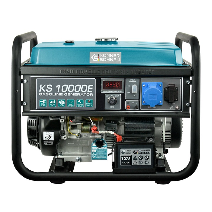 Generator curent 8.0 kW Könner & Söhnen KS10000E, benzina, monofazat, pornire electrica, 18 cp, prize 1x16A (230V), 1x32A (230V), 12V, autonomie 15h, regulator tensiune AVR, protectie suprasarcina, protectie nivel scazut ulei, bobinaj cupru