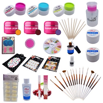 Kit unghii false gel UV cu geluri colorate, strasuri, stampila Nail Art, bete pentru cuticule si pensule aplicare Kit unghii false gel UV cu geluri colorate, strasuri, stampila Nail Art, bete pentru cuticule si pensule aplicare