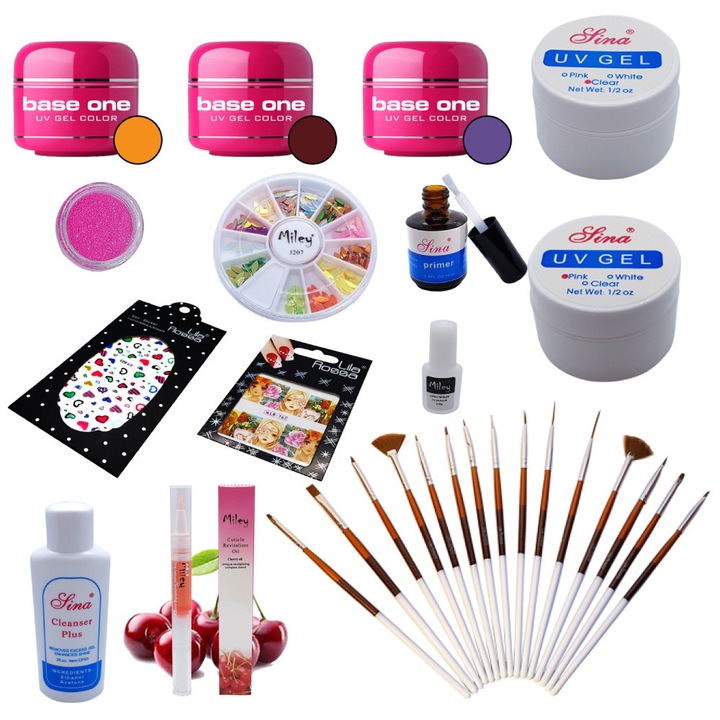 Kit Gel UV Nail Art cu strasuri, stickere, geluri colorate si pensule pentru aplicare