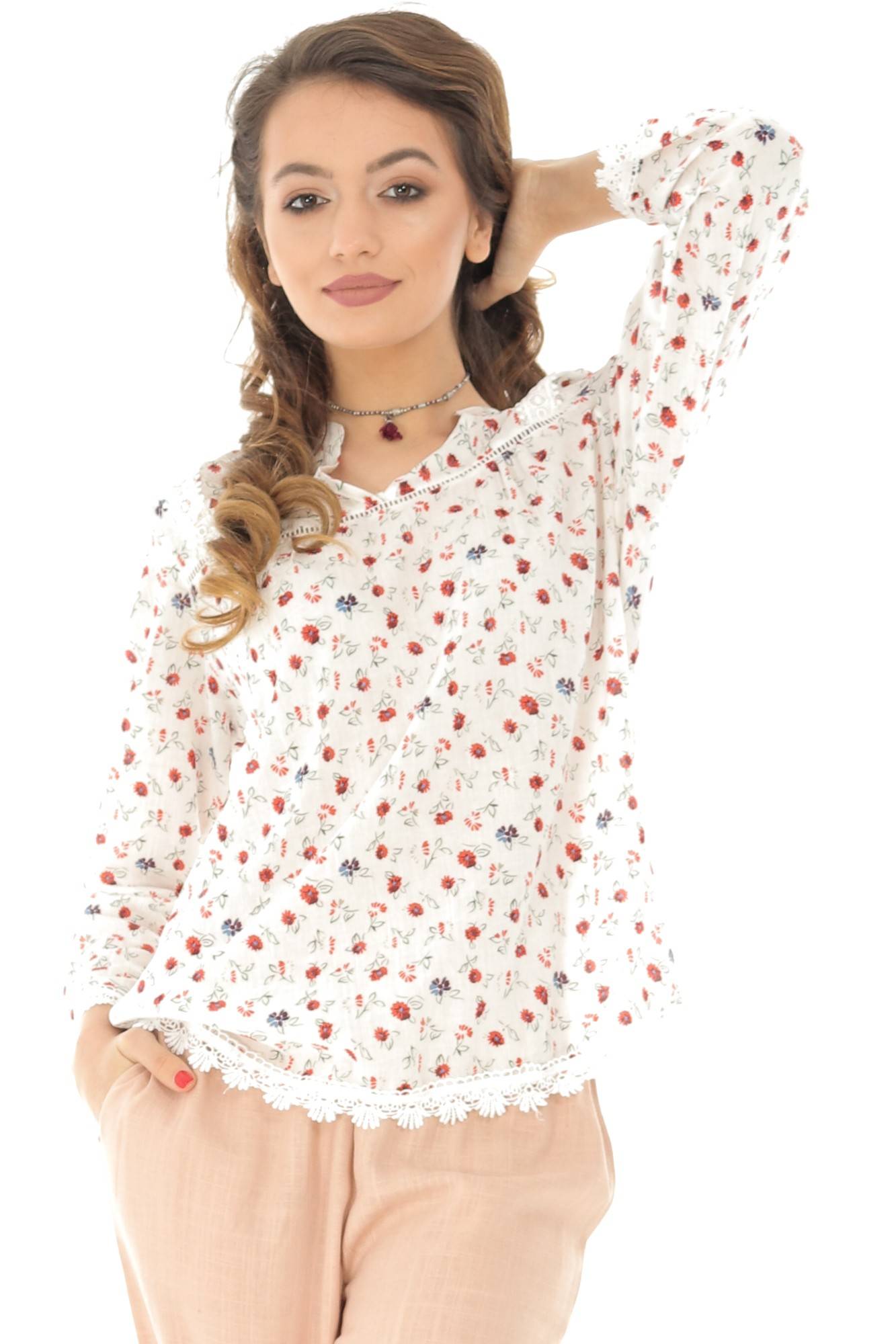 Bluza de dama, alba cu maneci lungi si imprimeu floral, ROH , L