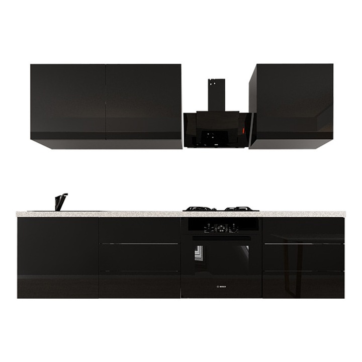 Set Mobila Bucatarie Modulara EVORA 6 , MDF NEGRU Lucios, 2.4 m