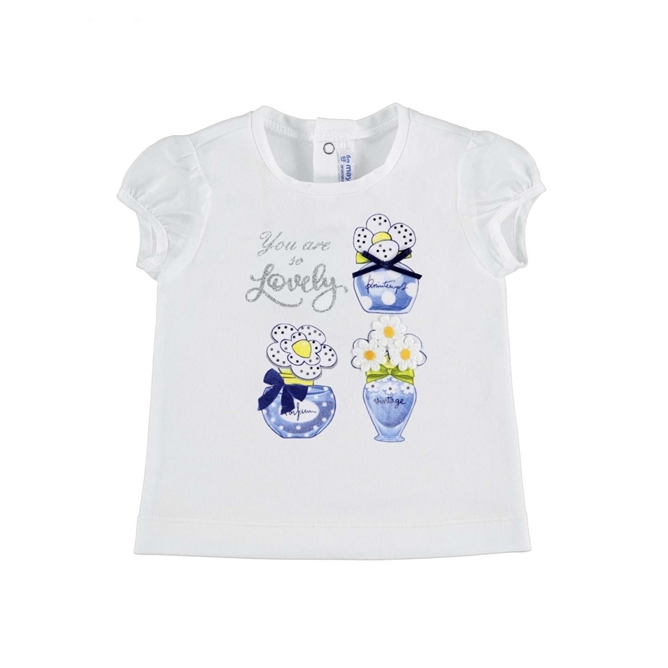 Tricou bebe fetita Mayoral cu maneca scurta si imprimeu floral, Alb/Albastru
