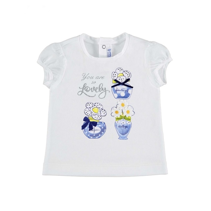 Tricou bebe fetita Mayoral cu maneca scurta si imprimeu floral, Alb/Albastru