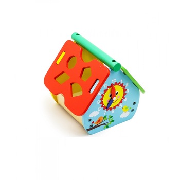 Casuta din lemn cu sortator forme geometrice si ceas Casuta din lemn cu sortator forme geometrice si ceas
