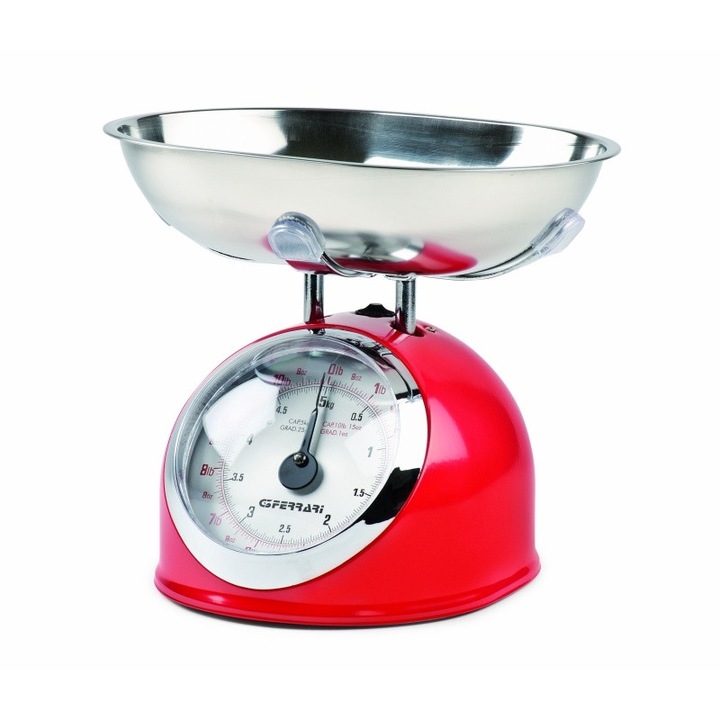 Cantar de bucatarie mecanic cu bol mare G3Ferrari - Aska, capacitate max. 5 kg, diviziune 25g, functie tara si zero, design retro, rosu