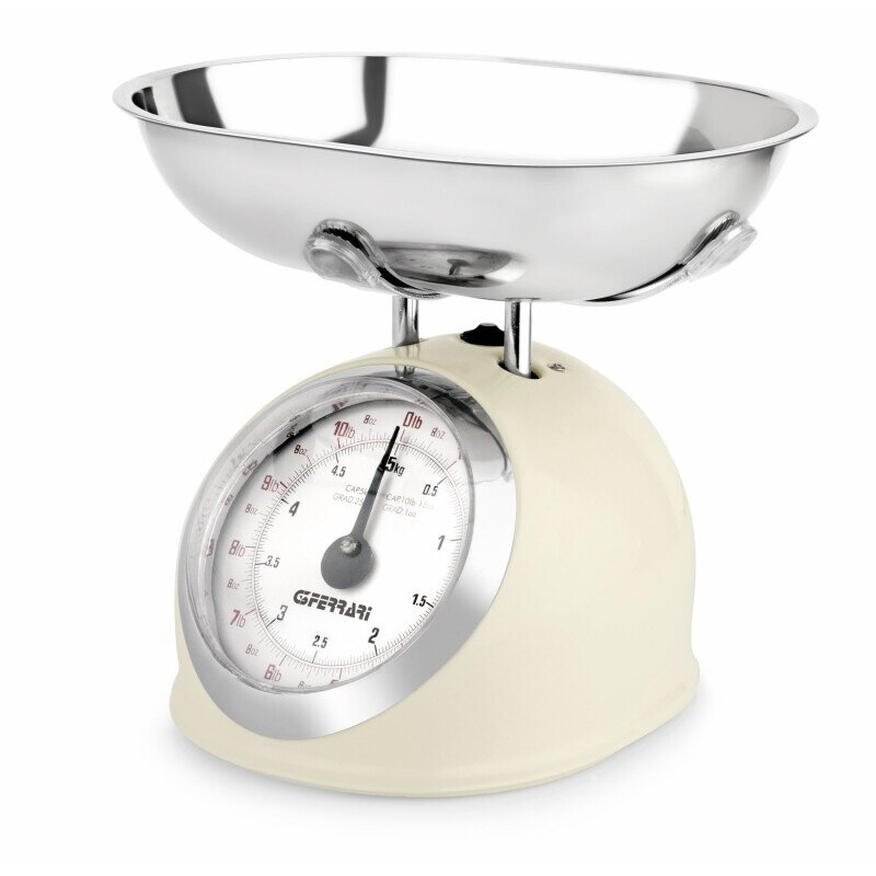 Cantar de bucatarie mecanic cu bol mare G3Ferrari - Aska, capacitate max. 5 kg, diviziune 25g, functie tara si zero, design retro, alb