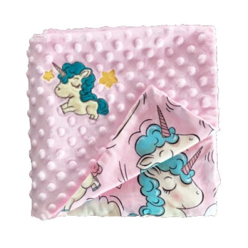 Paturica 2 fete, Minky, roz cu unicorn, 80x100cm