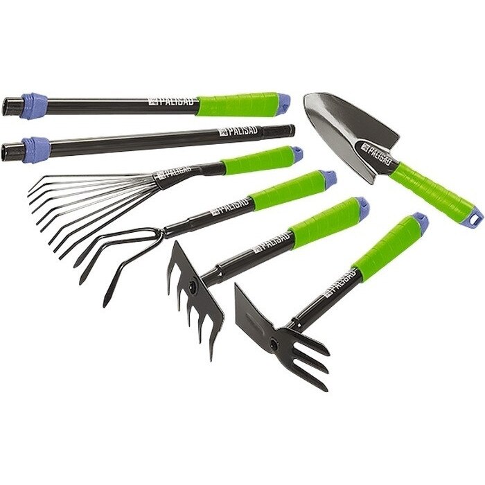 Set pentru gradina lopatica+grebla 9 +scormitor 3+grebla 5d+sapaliga combinata+manere prelungite, PALISAD