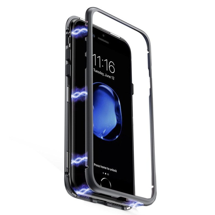 Висококачествен магнитен калъф/калъф Bibilel за iPhone 6Plus/6S Plus, Метална рамка и гръб от безопасно стъкло, Черен - Прозрачен, BBL701