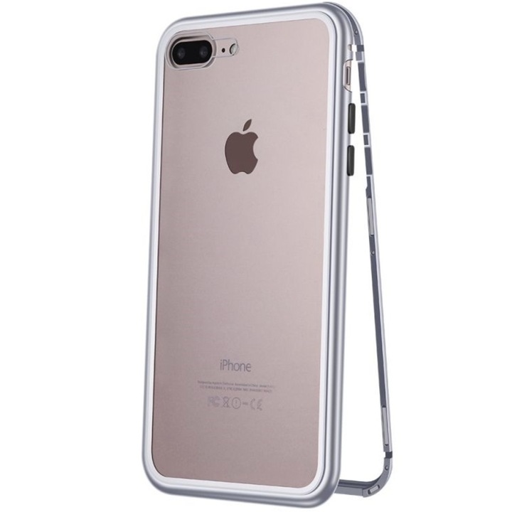 Husa / Carcasa magnetica, high quality pentru iPhone 7/8, Rama metalica si spate din Sticla securizata, Silver - Transparent
