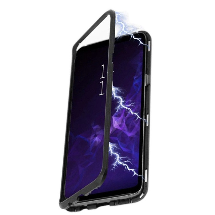 Husa / Carcasa magnetica, high quality pentru Samsung Galaxy S8 Plus, Rama metalica si spate din Sticla Securizata, Negru-Transparent