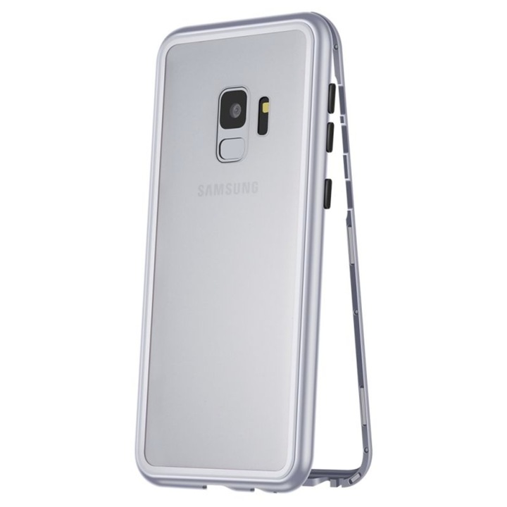 Husa / Carcasa magnetica, high quality pentru Samsung Galaxy S9, Rama metalica si spate din Sticla Securizata, Silver-Transparent