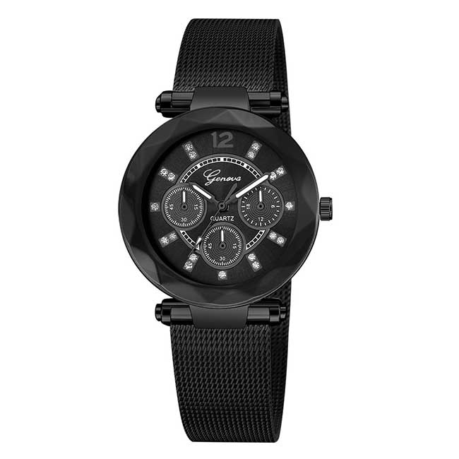 Ceas Dama Quartz Geneva Casual Elegant Negru, CP99509NU, curea din metal (mesh), afisaj analog