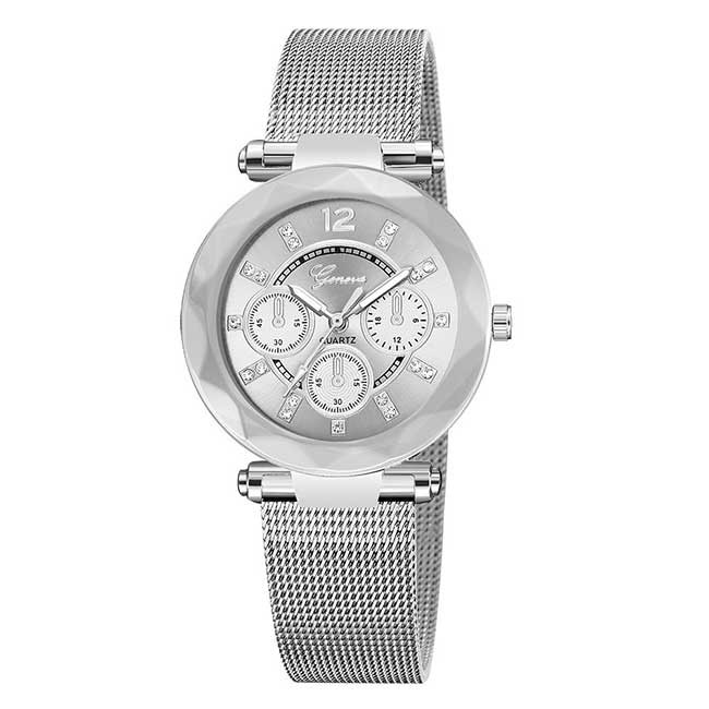 Ceas Dama Quartz Geneva Casual Elegant Silver, CP99509SR, curea din metal (mesh), afisaj analog