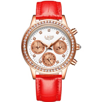 Ceas de dama Lige, mecanism Quartz, curea din piele de culoare rosie, rezistent la apa 3ATM(30m), calendar complet, stil Fashion Ceas de dama Lige, mecanism Quartz, curea din piele de culoare rosie, rezistent la apa 3ATM(30m), calendar complet, stil Fashion