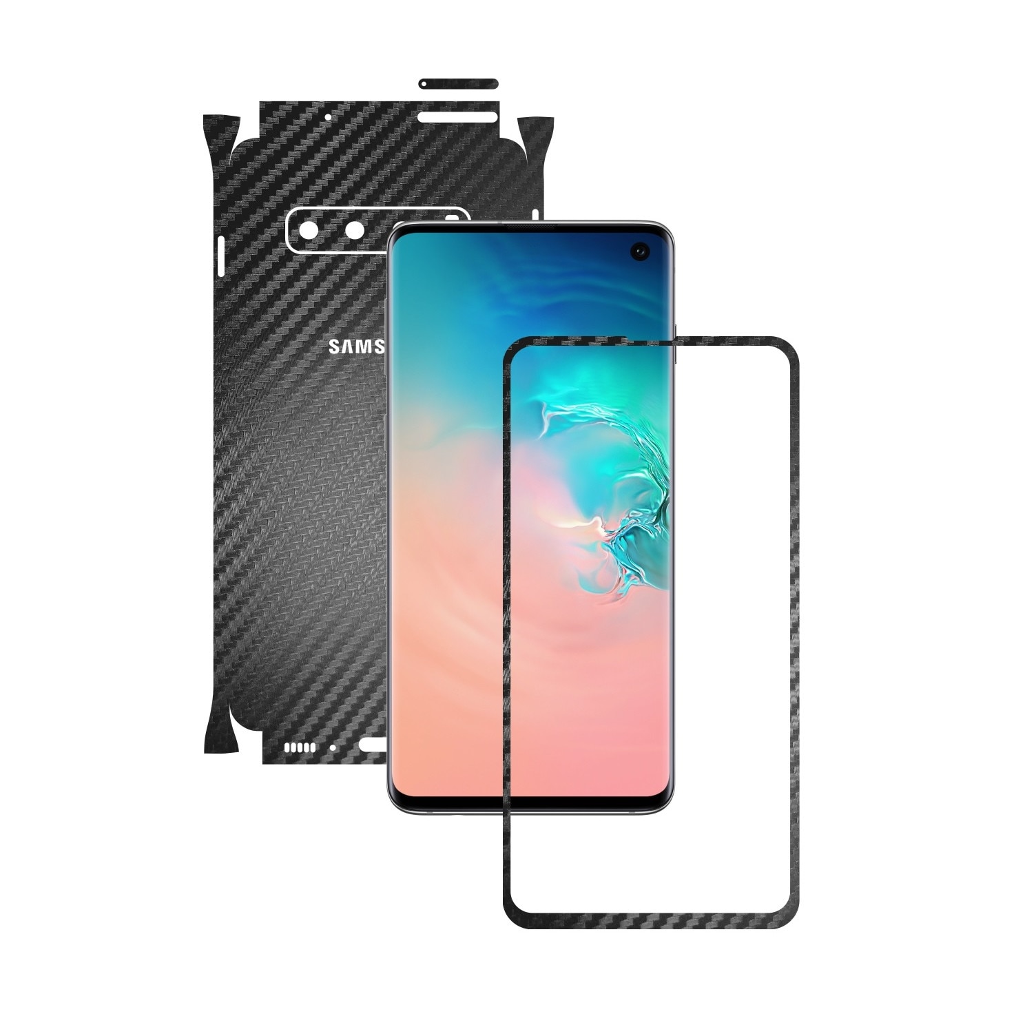 Folie Protectie Carbon Skinz pentru Samsung Galaxy S10 - Carbon Negru 360 Cut, Skin Adeziv Full Body Cover pentru Rama Ecran, Carcasa Spate si Laterale