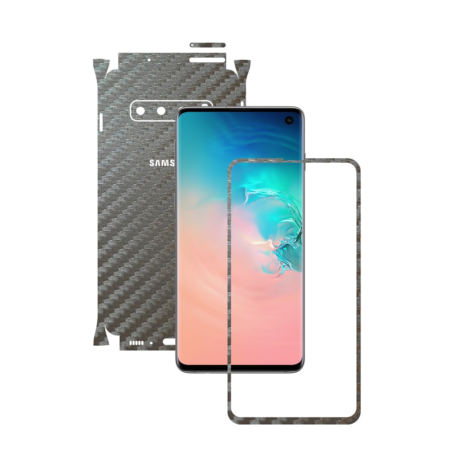 Folie Protectie Carbon Skinz pentru Samsung Galaxy S10 - Carbon Gri Argintiu 360 Cut, Skin Adeziv Full Body Cover pentru Rama Ecran, Carcasa Spate si Laterale