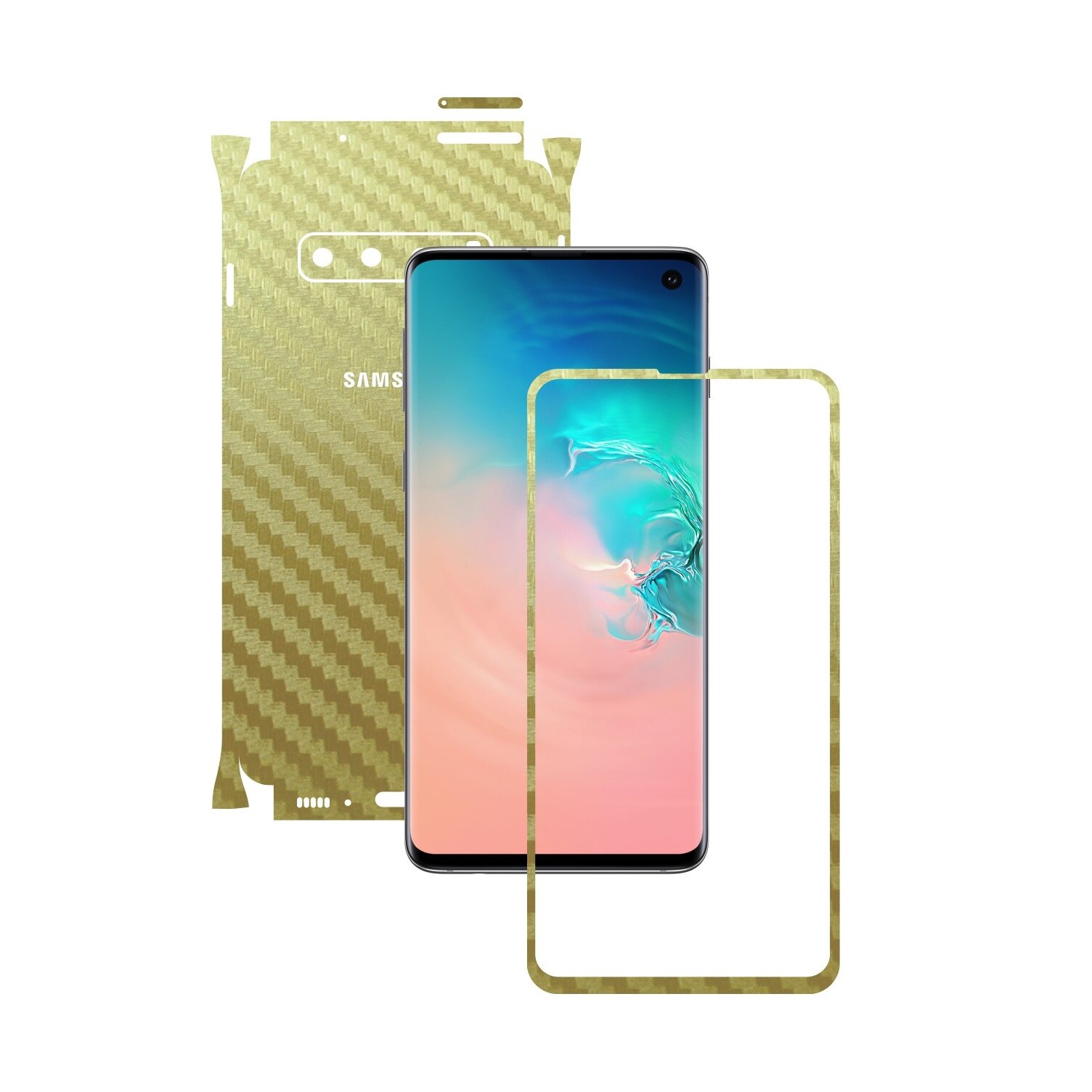 Folie Protectie Carbon Skinz pentru Samsung Galaxy S10 - Carbon Auriu 360 Cut, Skin Adeziv Full Body Cover pentru Rama Ecran, Carcasa Spate si Laterale