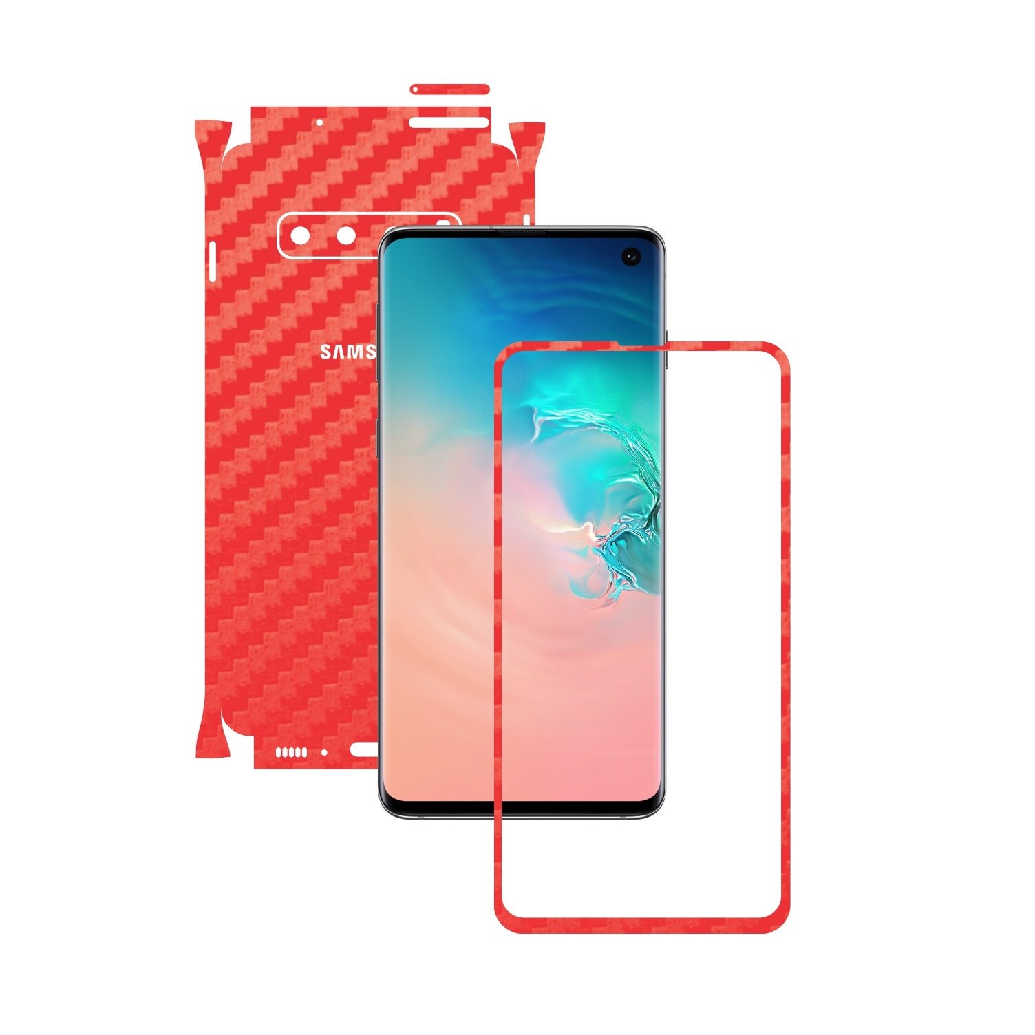 Folie Protectie Carbon Skinz pentru Samsung Galaxy S10 - Carbon Rosu 360 Cut, Skin Adeziv Full Body Cover pentru Rama Ecran, Carcasa Spate si Laterale