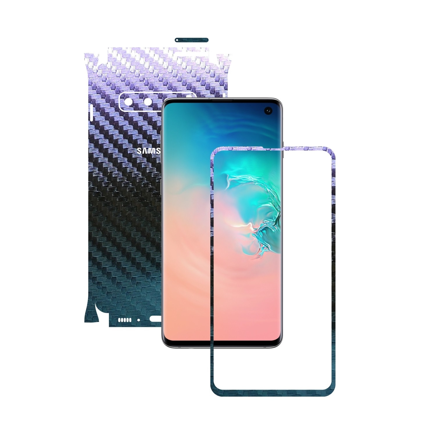 Folie Protectie Carbon Skinz pentru Samsung Galaxy S10 - Carbon Cameleon 360 Cut, Skin Adeziv Full Body Cover pentru Rama Ecran, Carcasa Spate si Laterale