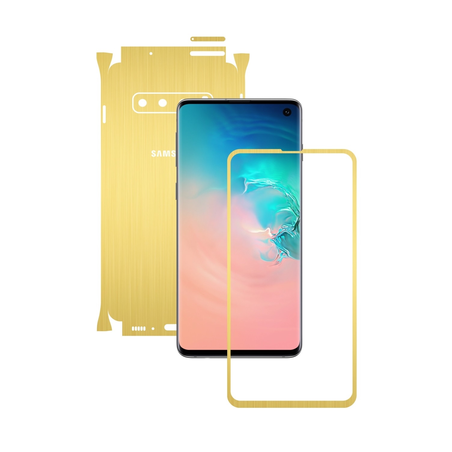 Folie Protectie Carbon Skinz pentru Samsung Galaxy S10 - Brushed Auriu 360 Cut, Skin Adeziv Full Body Cover pentru Rama Ecran, Carcasa Spate si Laterale