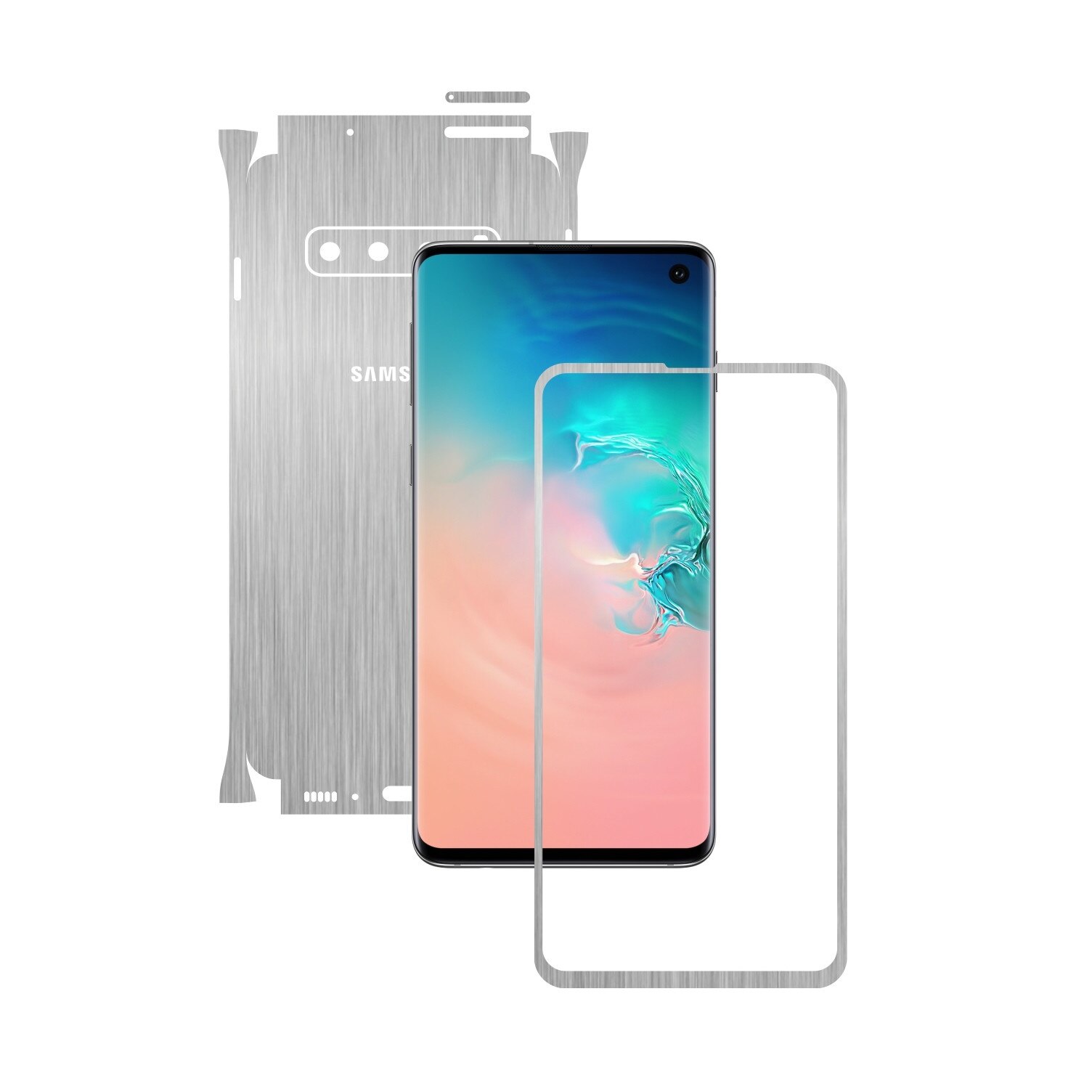 Folie Protectie Carbon Skinz pentru Samsung Galaxy S10 - Brushed Argintiu 360 Cut, Skin Adeziv Full Body Cover pentru Rama Ecran, Carcasa Spate si Laterale