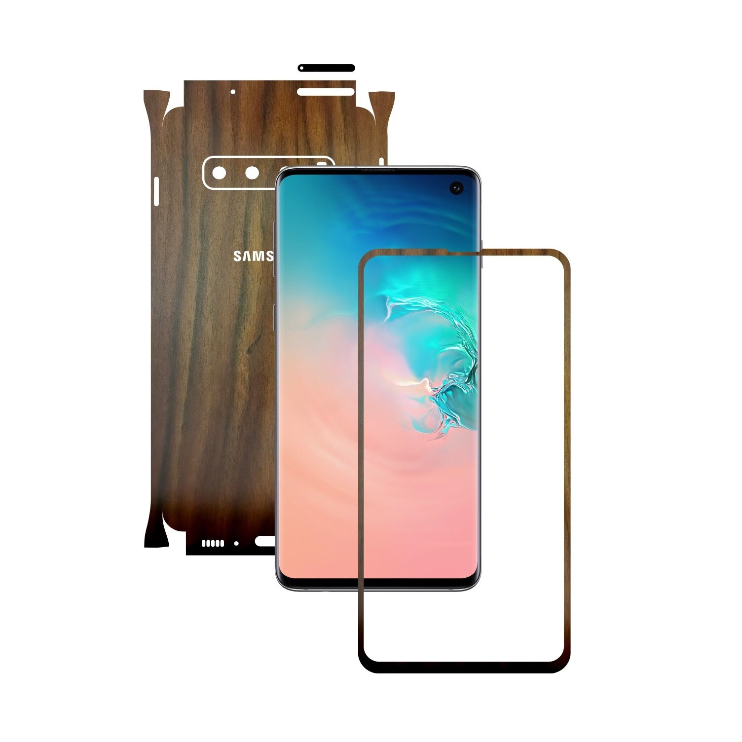Folie Protectie Carbon Skinz pentru Samsung Galaxy S10 - Lemn Nuc 360 Cut, Skin Adeziv Full Body Cover pentru Rama Ecran, Carcasa Spate si Laterale