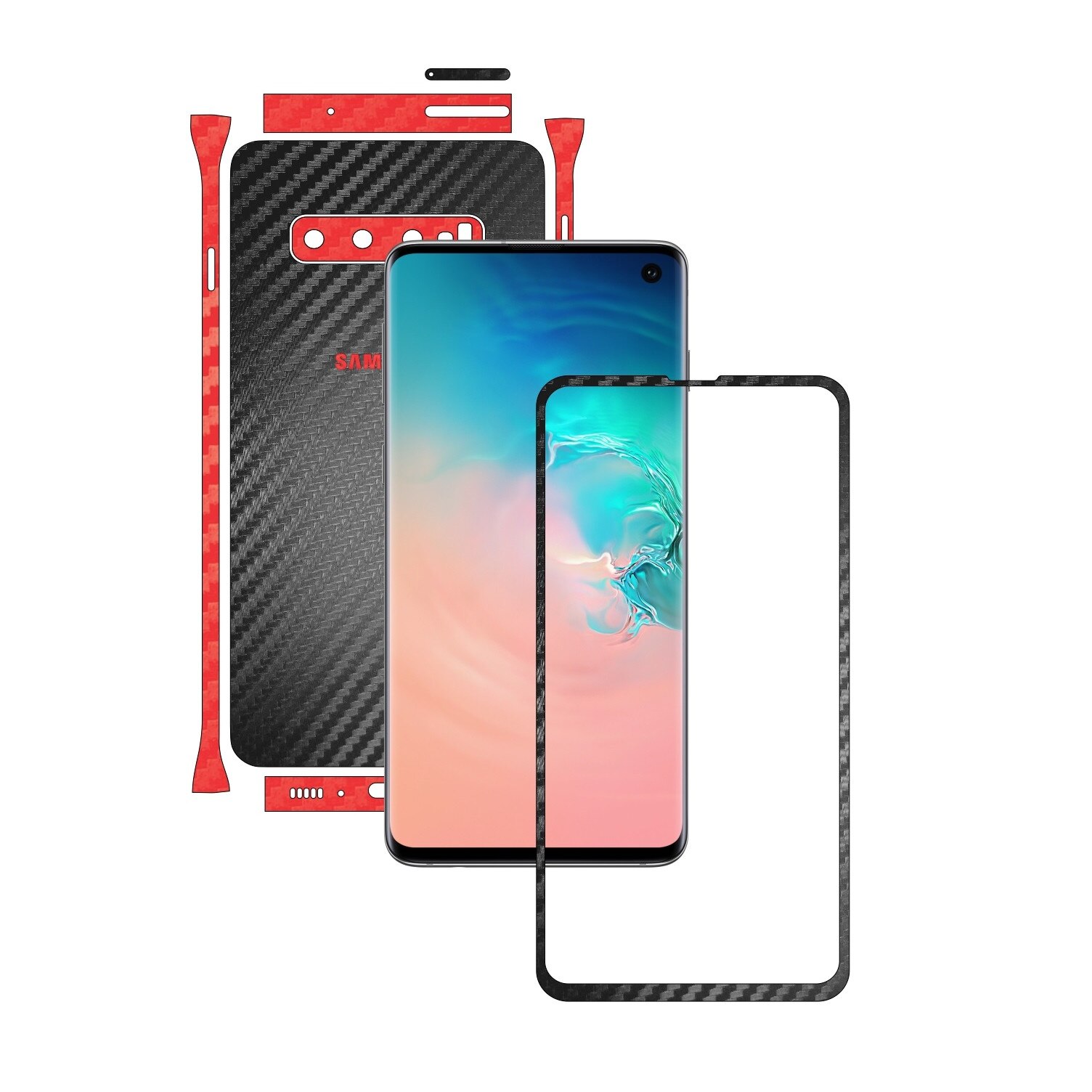 Folie Protectie Carbon Skinz pentru Samsung Galaxy S10 - Carbon Two Tone Negru / Rosu, Skin Adeziv Full Body Cover pentru Rama Ecran, Carcasa Spate si Laterale