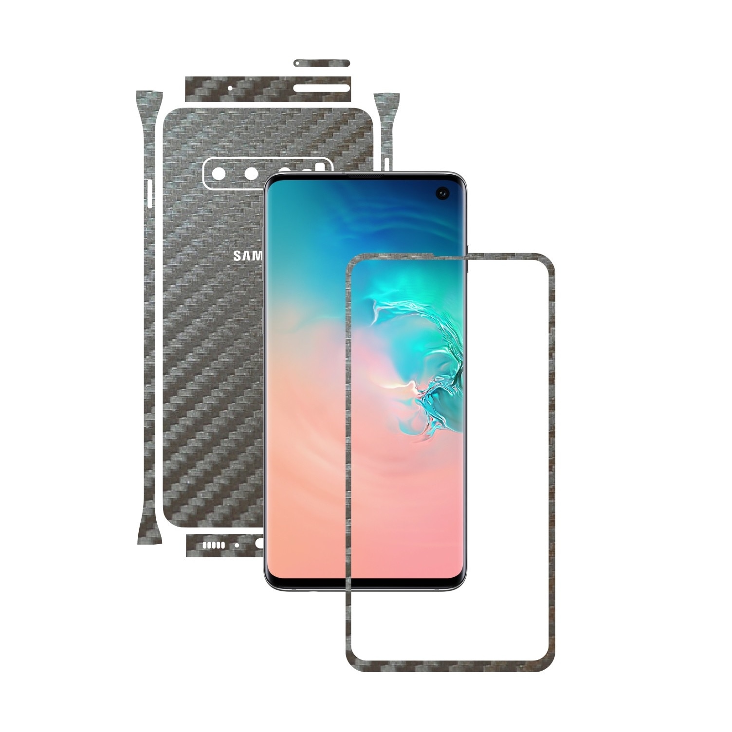 Folie Protectie Carbon Skinz pentru Samsung Galaxy S10 - Carbon Gri Argintiu Split Cut, Skin Adeziv Full Body Cover pentru Rama Ecran, Carcasa Spate si Laterale