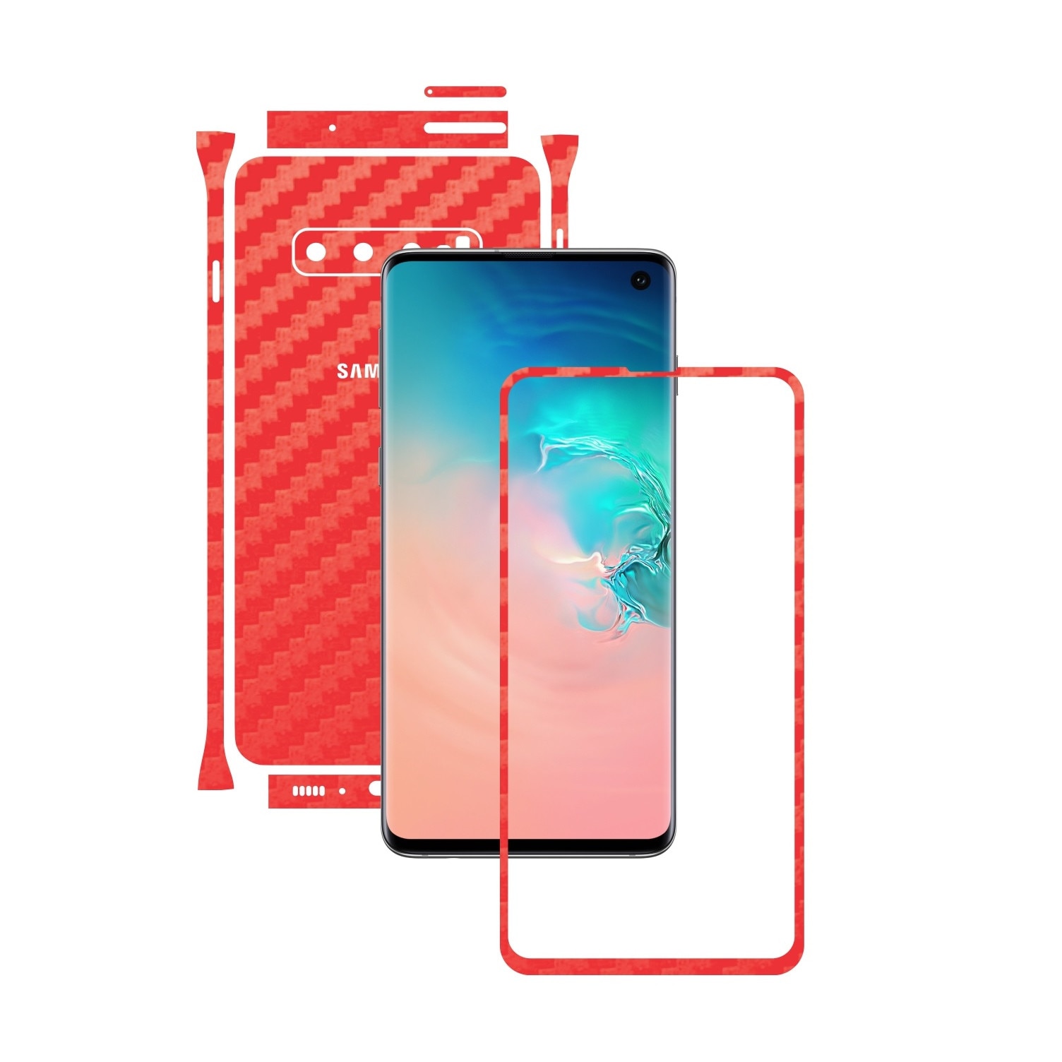 Folie Protectie Carbon Skinz pentru Samsung Galaxy S10 - Carbon Rosu Split Cut, Skin Adeziv Full Body Cover pentru Rama Ecran, Carcasa Spate si Laterale