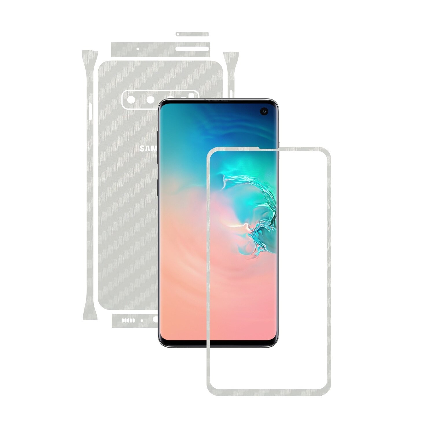 Folie Protectie Carbon Skinz pentru Samsung Galaxy S10 - Carbon Alb Split Cut, Skin Adeziv Full Body Cover pentru Rama Ecran, Carcasa Spate si Laterale
