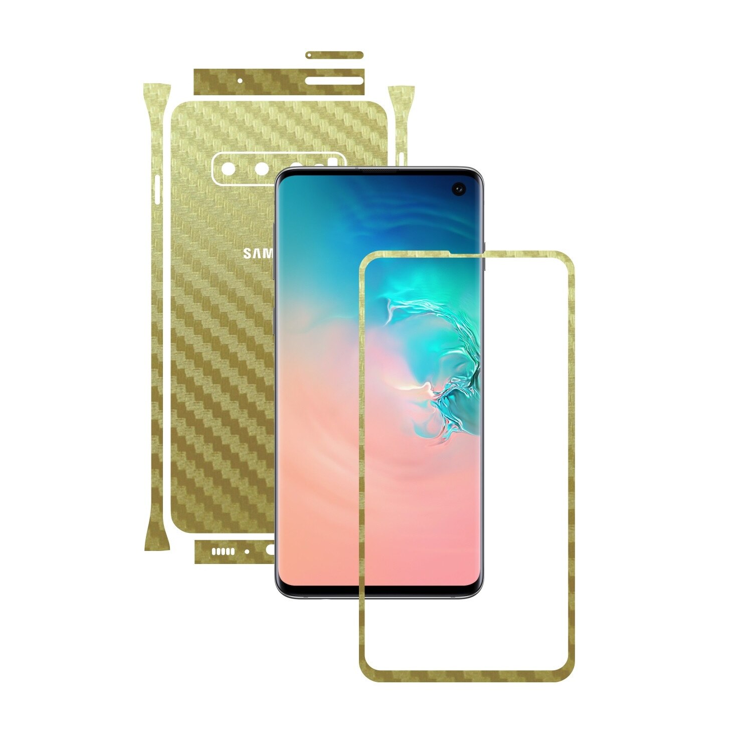 Folie Protectie Carbon Skinz pentru Samsung Galaxy S10 - Carbon Auriu Split Cut, Skin Adeziv Full Body Cover pentru Rama Ecran, Carcasa Spate si Laterale