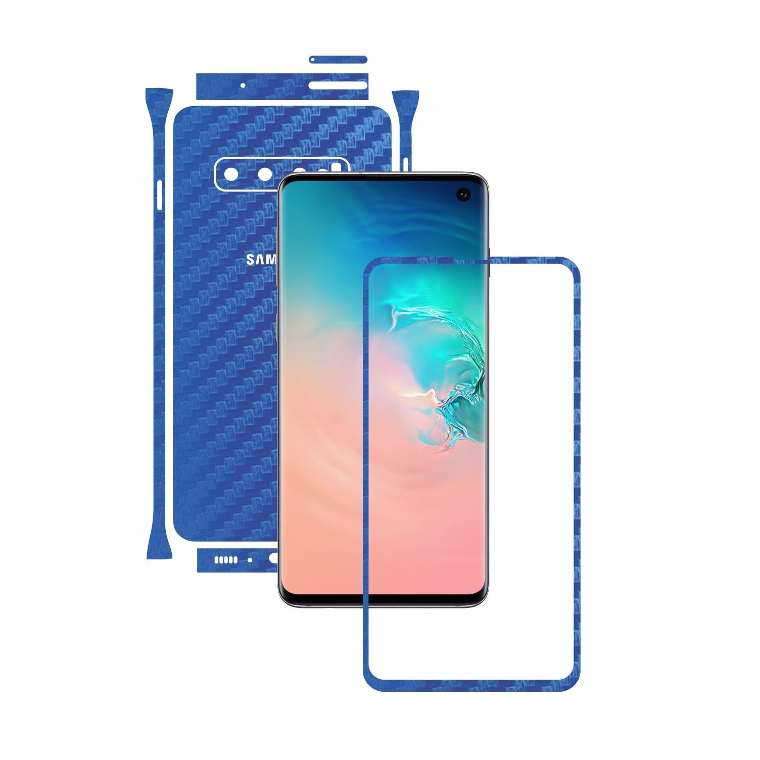 Folie Protectie Carbon Skinz pentru Samsung Galaxy S10 - Carbon Albastru Split Cut, Skin Adeziv Full Body Cover pentru Rama Ecran, Carcasa Spate si Laterale