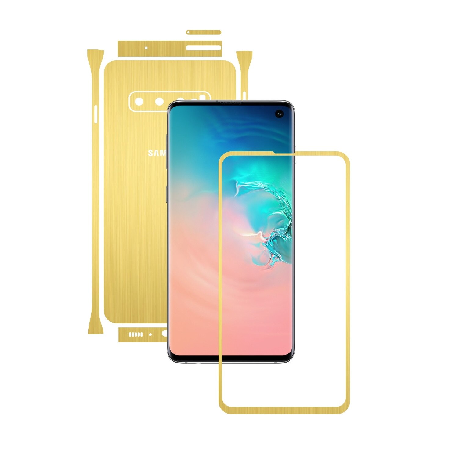 Folie Protectie Carbon Skinz pentru Samsung Galaxy S10 - Brushed Auriu Split Cut, Skin Adeziv Full Body Cover pentru Rama Ecran, Carcasa Spate si Laterale