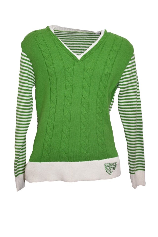 Pulover deosebit cu maneca lunga, D&J Exclusive, Verde/Alb