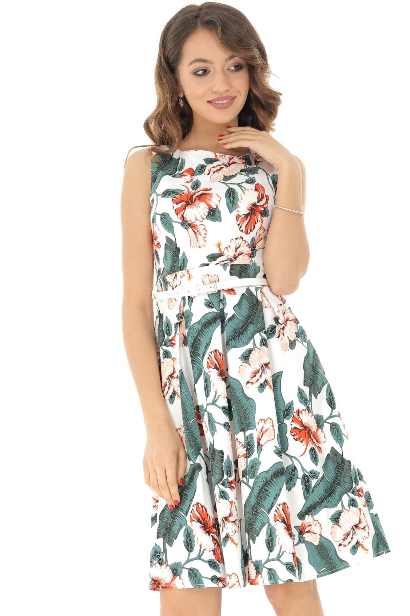 Rochie midi, alba, accesorizata cu curea, ROH, 42