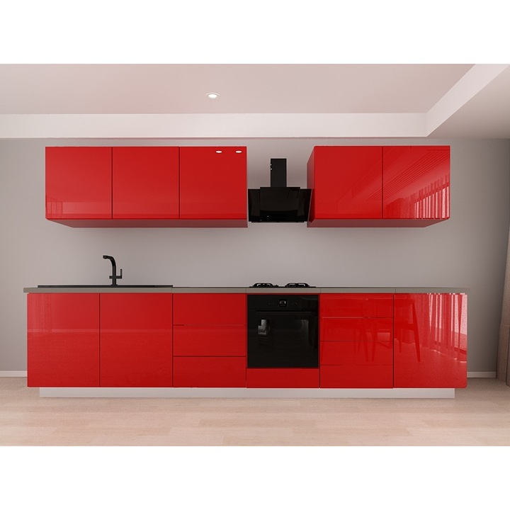 Set Mobila Bucatarie Modulara BLANCA 5, MDF ROSU Lucios, dimensiune 3.6 m