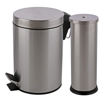 Set cos de gunoi cu pedala si perie WC cu suport, inox, 3L, Argintiu Set cos de gunoi cu pedala si perie WC cu suport, inox, 3L, Argintiu