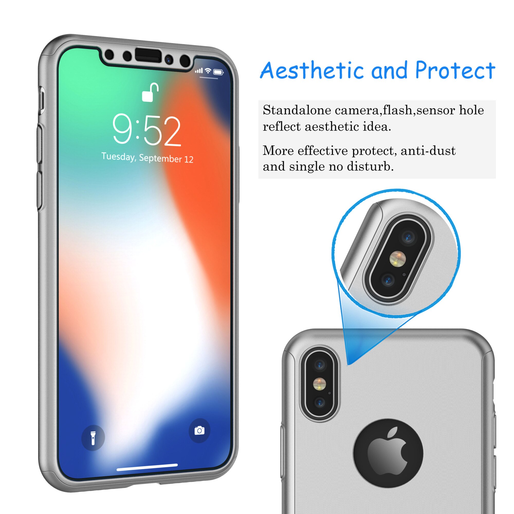 Husa Smartphone Apple Iphone X Model Slim, 360 Total Protection Telefon 360  Ultra-Slim Silver Shine + Folie Sticla - eMAG.ro