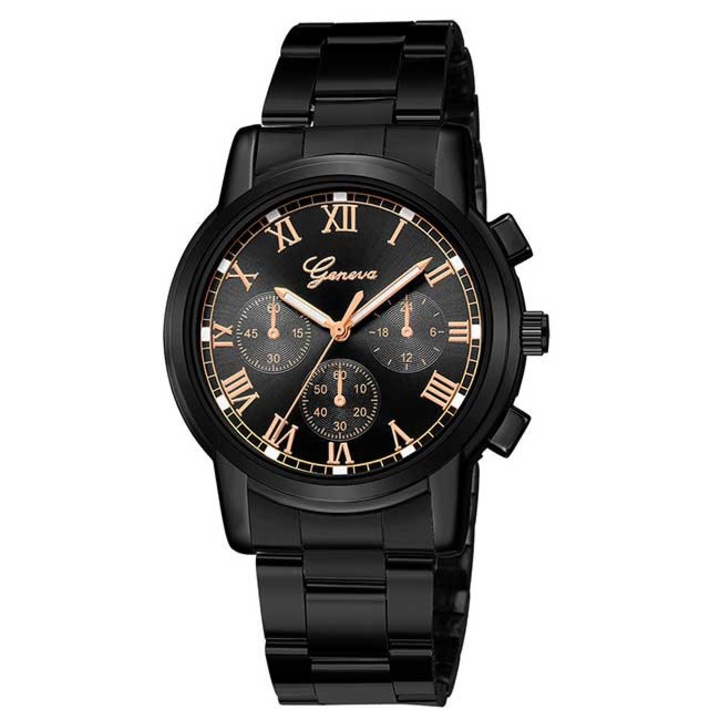 Ceas Geneva Unisex Quartz Casual Elegant Negru, curea din metdwqfal (zale), afisaj Analog, Negru