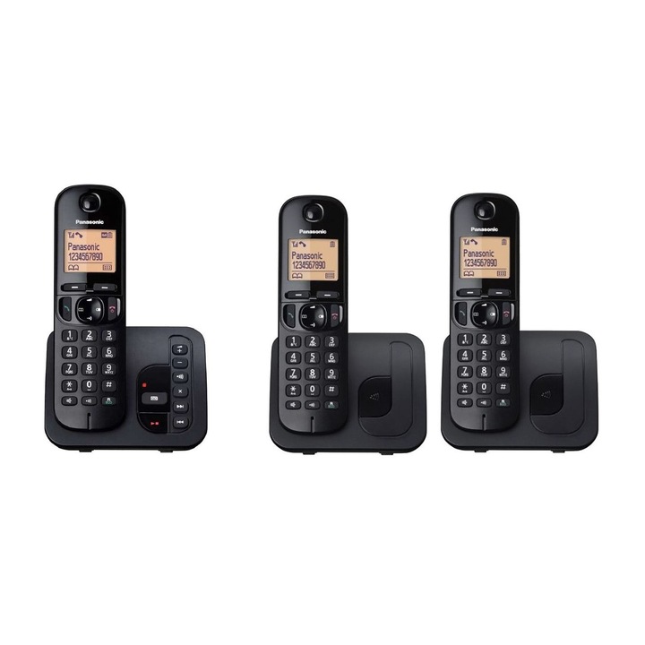Telefon Panasonic DECT cu 3 receptoare si Robot Telefonic, Caller ID, display 1.6", Negru (KX-TGC220FXB + 2xKX-TGC210FXB)