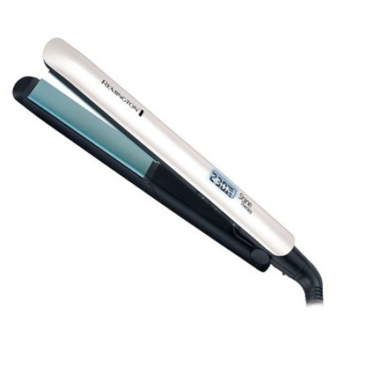 Професионална преса за коса Remington Shine Therapy, 9 температурни настройки от 150 до 230 градуса, LCD дисплей, Гъвкави пластини, бързо нагряване 30 s, Бял