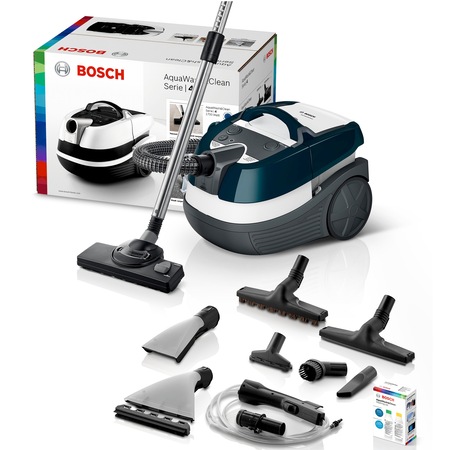 Aspirator cu spalare Bosch BWD41720, 1700 W, 5 L, Filtru Epa, Perie Parchet, Alb/Turcoaz