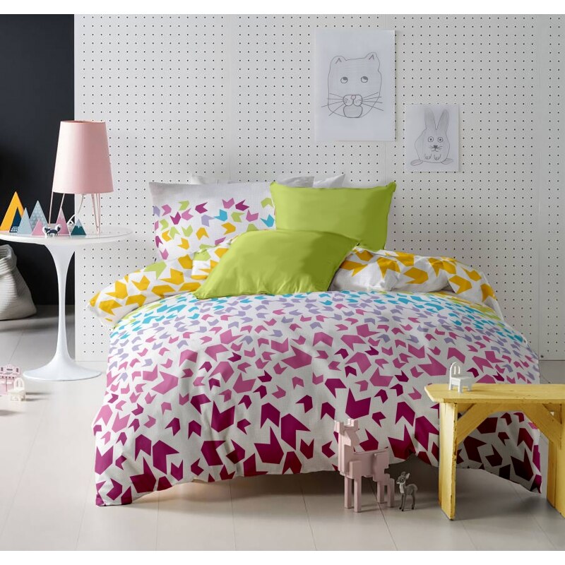 Lenjerie de pat Dormisete bumbac 100%, Loving Matisse Rose pentru pat 2 persoane, 4 piese, 200X220 / 50x70, cearceaf pat uni Verde Lime