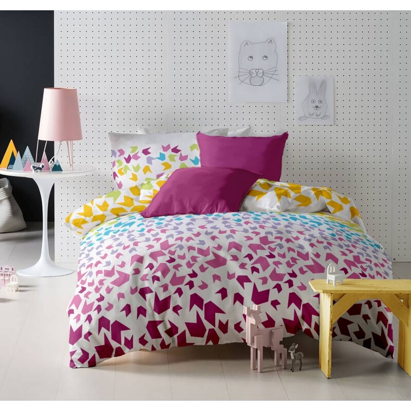 Lenjerie de pat Dormisete bumbac 100%, Loving Matisse Rose pentru pat 2 persoane, 4 piese, 200X220 / 50x70, cearceaf pat uni roz Fuchsia