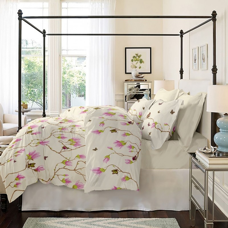 Lenjerie de pat Dormisete bumbac 100%, Magnolia Butterfly Rose pentru pat 2 persoane, 4 piese, 180x215 / 50x70, cearceaf pat uni Vanilla
